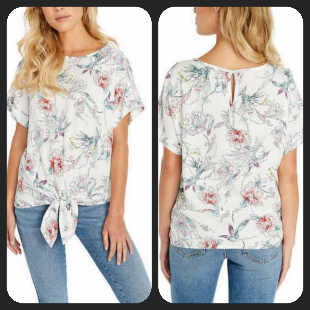 🪻Buffalo David Bitton🪻- White/Multi Floral S/S Tie Front Top